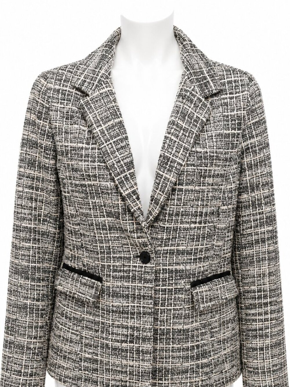 PM Womens Black White Tweed Plaid Blazer One Button Career Office Academic Chic